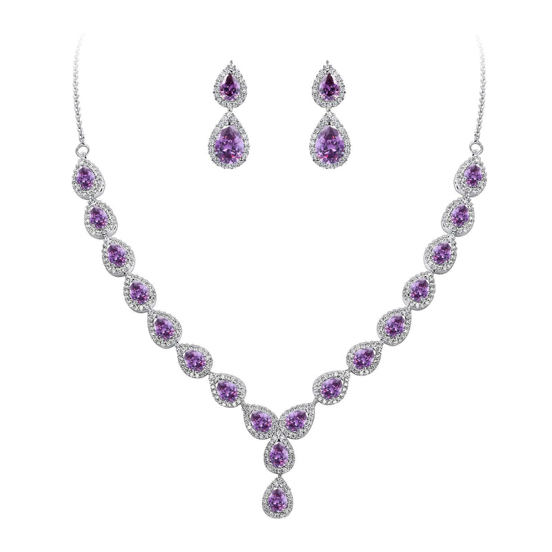 [Australia] - BriLove Women's Wedding Bridal Teardrop CZ Infinity Figure 8 Y-Necklace Dangle Earrings Set Amethyst Color Silver-Tone 