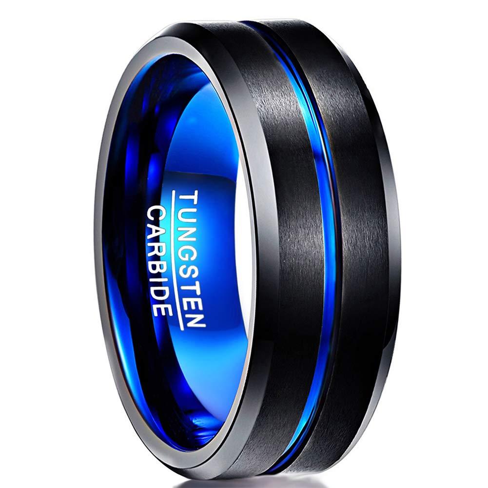 [Australia] - NUNCAD 4mm/6mm/8mm/10mm Tungsten Ring for Men Women Black/Blue/Gold/Rose Gold/Silver Groove Wedding Bands Beveled Edges Engraved I Love You Size 4 to 17 A-8mm-Black-Blue 