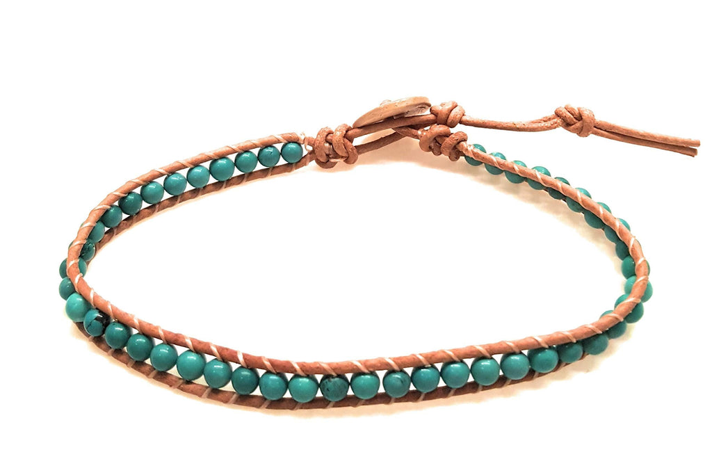 [Australia] - Infinityee888 Turquoise Anklet Bracelet Woven with Light Brown Leather Cord Handmade Hippie Bohemian Unisex Anklet for Men, Women MJTQL1 