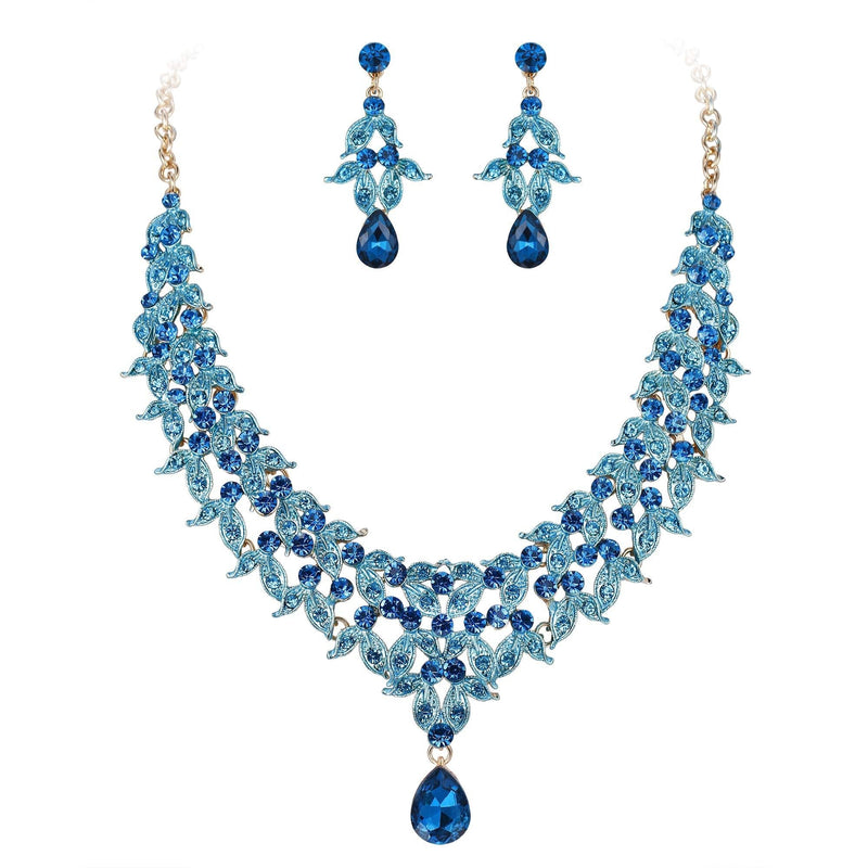 [Australia] - BriLove Women's Wedding Bridal Cluster Leaf Teardrop Statement Necklace Dangle Earrings Set Blue Topaz Color Gold-Tone 