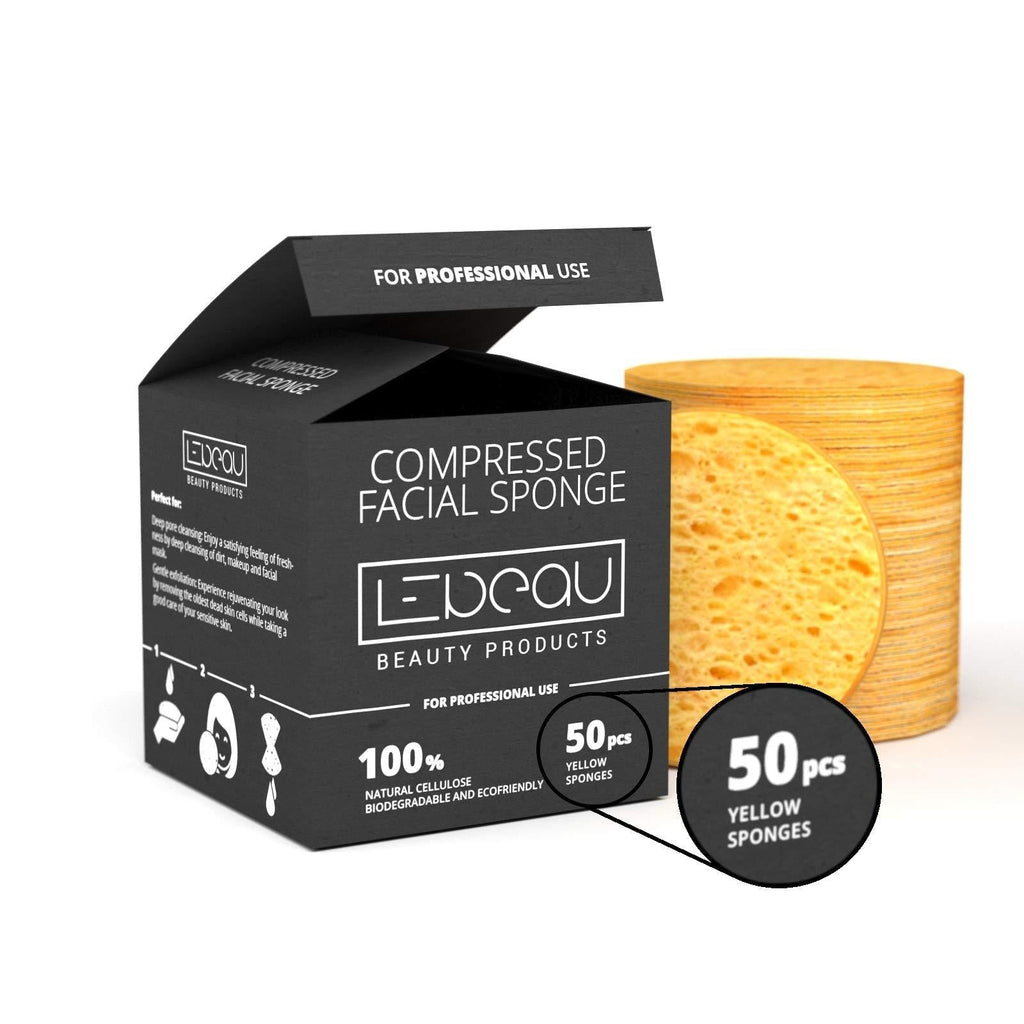 [Australia] - LeBeau Compressed Facial Sponges, Face Sponges for Cleansing, 100% Natural Cellulose Facial Sponge, Professional Spa Quality Face Sponge (50 counts, Yellow) 50 Count 