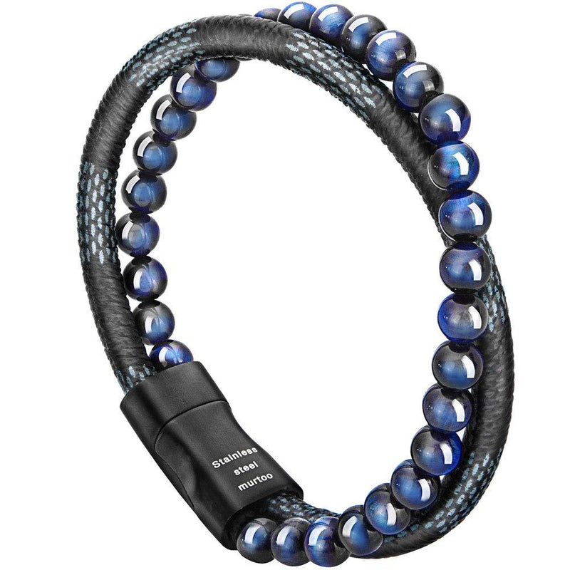 [Australia] - murtoo Mens Bead Leather Bracelet, Natural Bead, Steel and Leather Bracelet for Men blue,black 