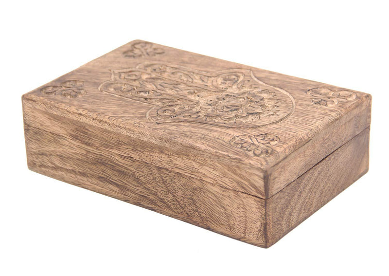 [Australia] - DharmaObjects Hamsa Hand of Fatima Hand Carved Jewelry Trinket Keepsake Wooden Storage Box (Fatima Hand, Large) 