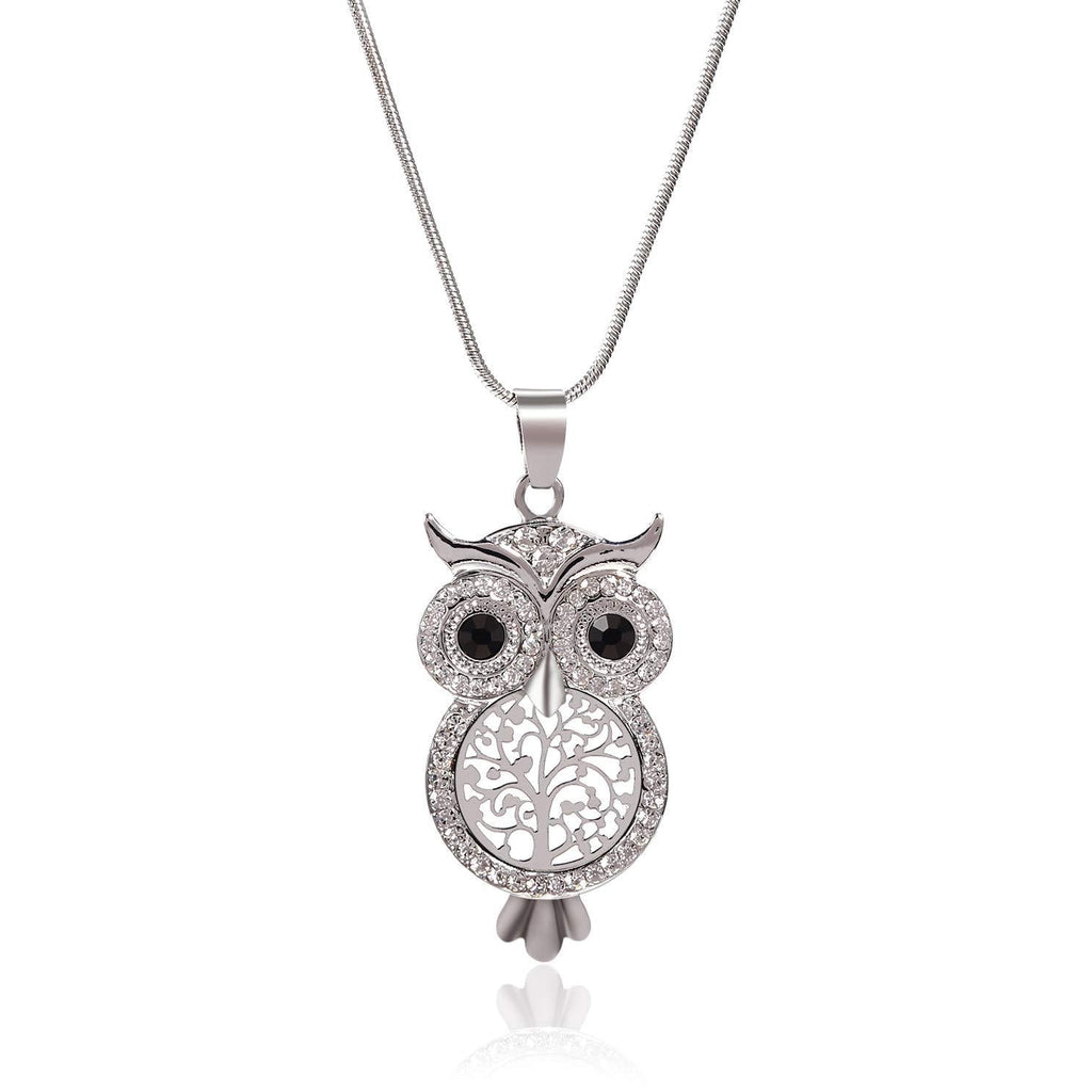 [Australia] - Niumike Crystal Insert Owl Necklace, 18” Lucky Tree Body Pendant Necklaces for Women and Girls Silver 