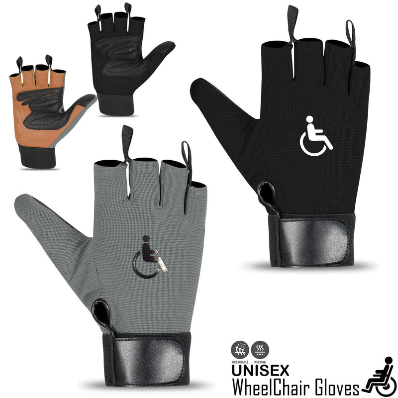 [Australia] - Rebo Wheelchair Gloves Mobility Fingerless Long Thumb Leather Palm Gloves Black Small 
