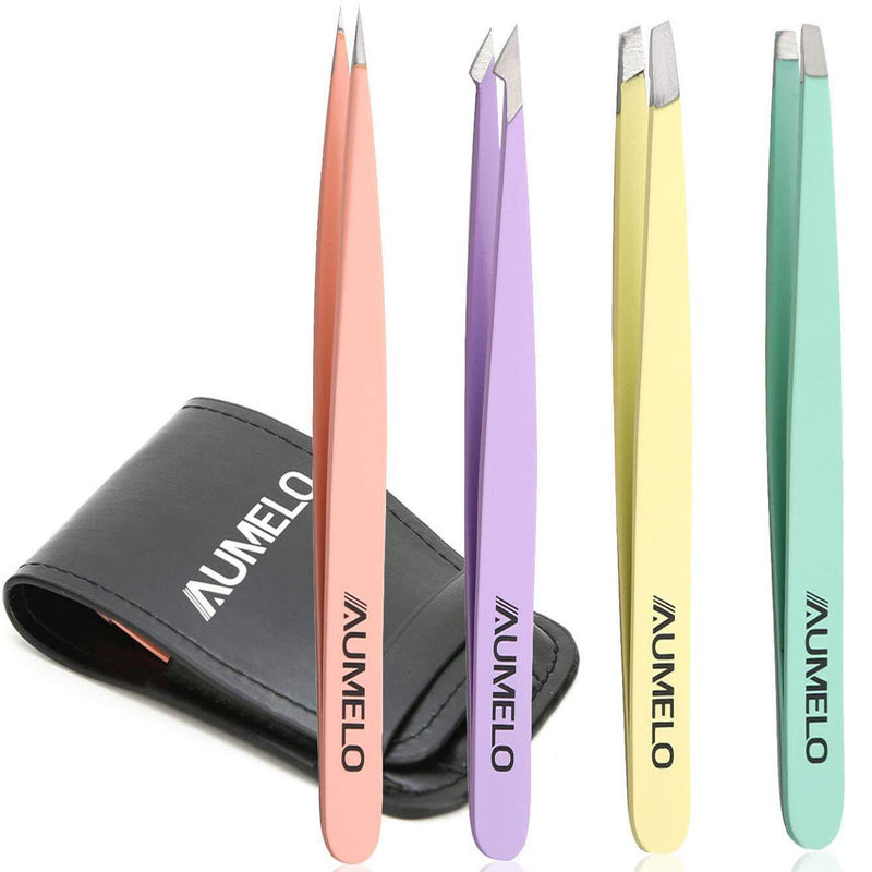 [Australia] - Tweezers for Eyebrow - AUMELO 4-Piece Precision Eyebrow Ingrown Hair Removal Tweezers Set with Leather Case for Women and Girls(Color) 