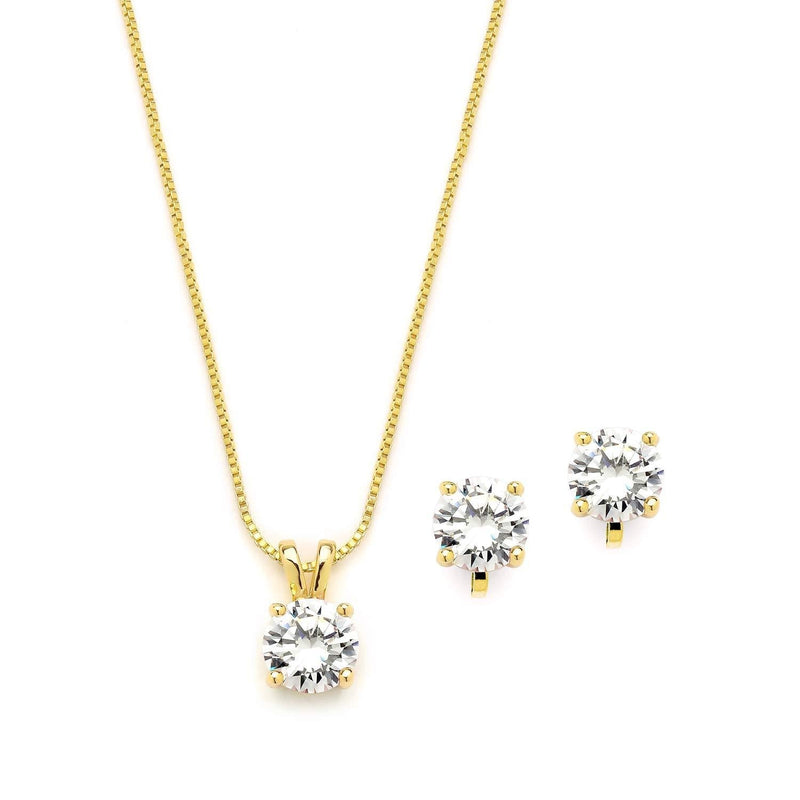 [Australia] - Mariell 14K Gold Plated Cubic Zirconia Jewelry Set - 2cwt Round Pendant with Matching Clip-On Earrings 