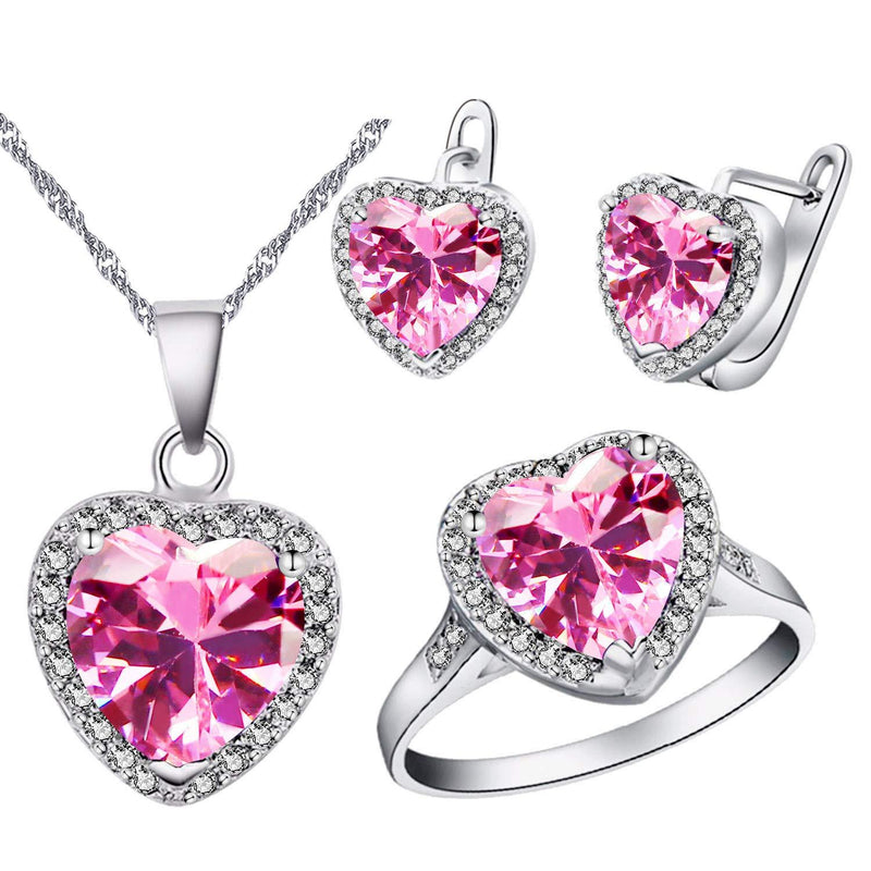 [Australia] - Uloveido Big Heart Shape Crystal Drop Pendant Necklace, Earrings and Rings Wedding Jewelry Set for Bridal Women Birthday Anniversary T481 Pink 6 