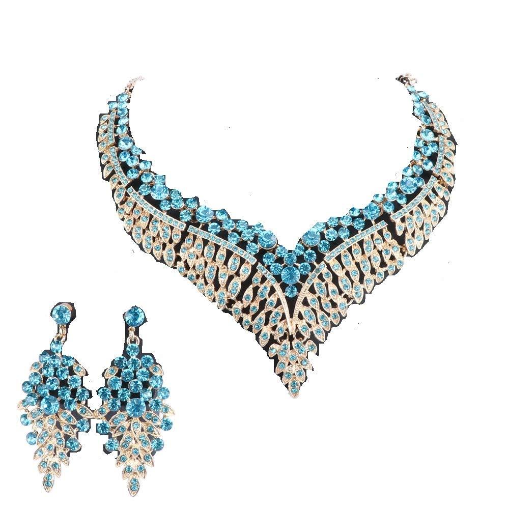 [Australia] - Women Bridal Rhinestone Crystal Statement Necklace Earring Wedding Dress Jewelry Sets Gold Lake Blue 