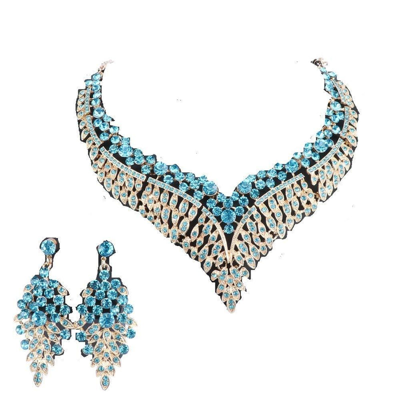 [Australia] - Women Bridal Rhinestone Crystal Statement Necklace Earring Wedding Dress Jewelry Sets Gold Lake Blue 
