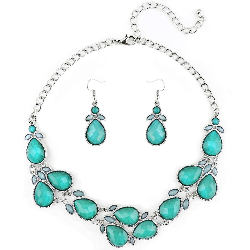 [Australia] - Firstmeet Shiny Resin Drill Collar Necklace with Earrings teal-bk 