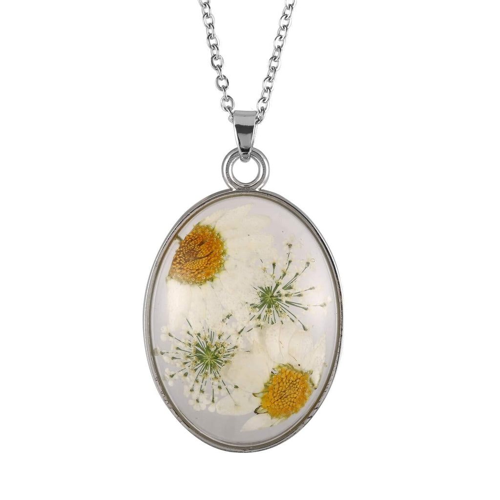 [Australia] - FM FM42 Multicolor Daisy Pressed Flowers Queen Anne's Lace Transparent Oval Pendant Necklace (4 Colors) White 