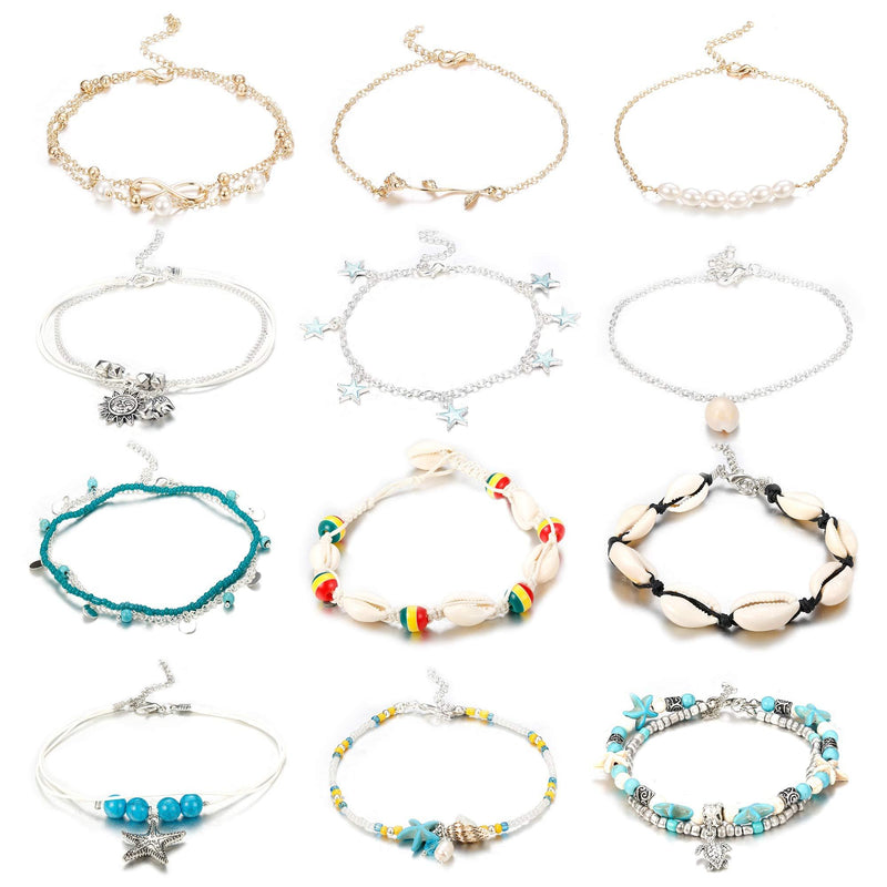 [Australia] - Finrezio 12PCS Anklets for Women Girls Blue Starfish Turtle Elephant Charm Ankle Bracelets Multilayer Gold Silver Plated Foot Jewelry Handmade 
