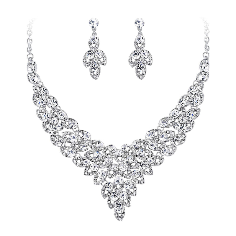 [Australia] - EVER FAITH Women's Austrian Crystal Luxury Hollow Leaves Wedding Engagement Necklace Earrings Set Clear Silver-Tone 