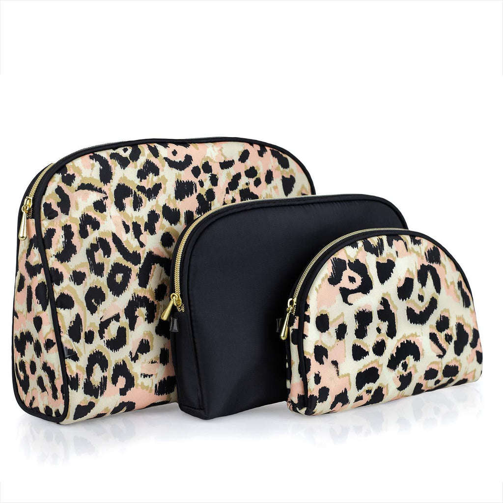 [Australia] - Once Upon A Rose 3 Pc Cosmetic Bag Set, Purse Size Makeup Bag for Women, Toiletry Travel Bag, Makeup Organizer, Cosmetic Bag for Girls Zippered Pouch Set, Large, Medium, Small (Black & Leopard) 