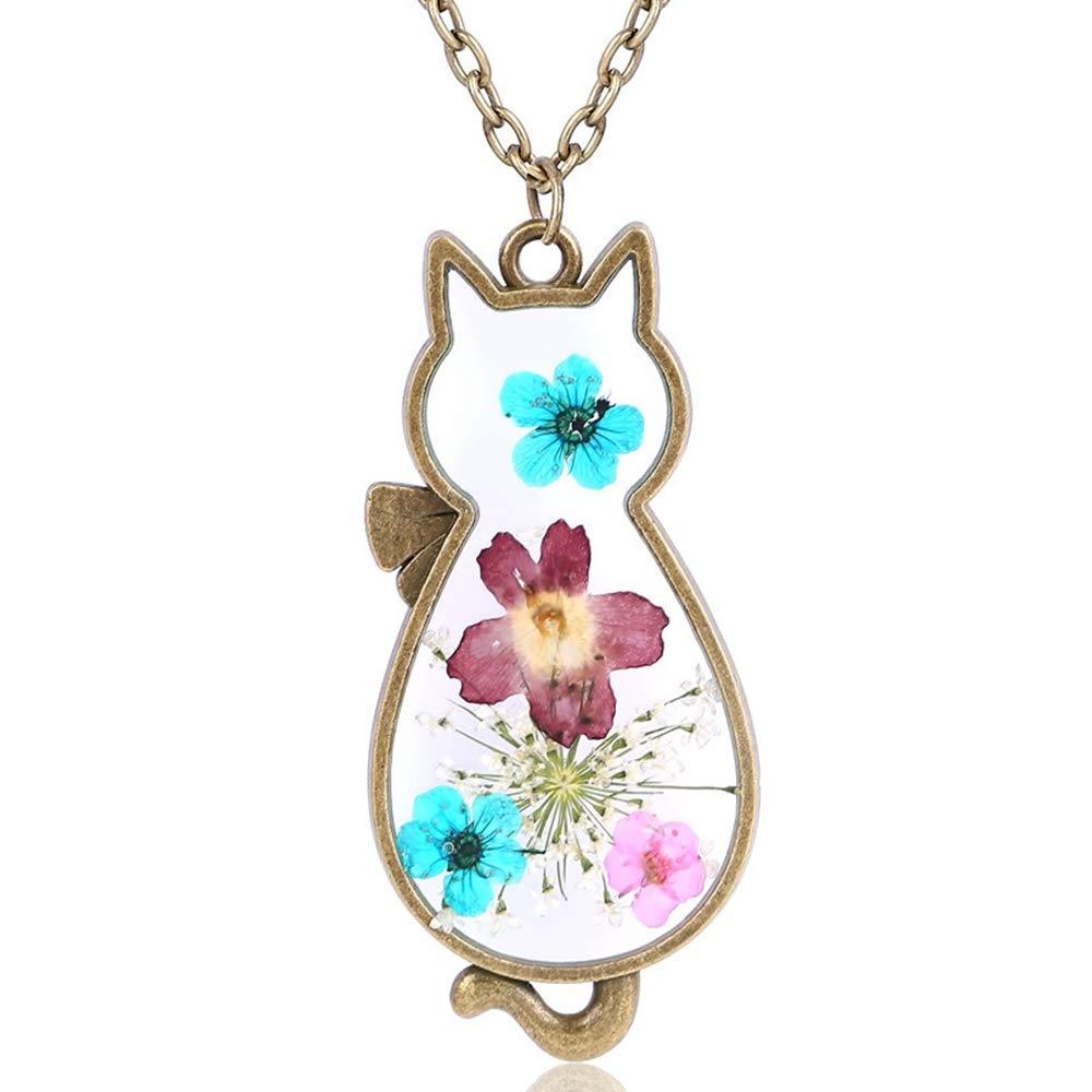 [Australia] - Jude Jewelers Retro Vintage Cat Shape Dry Flower Charm Pendant Necklace Gold 