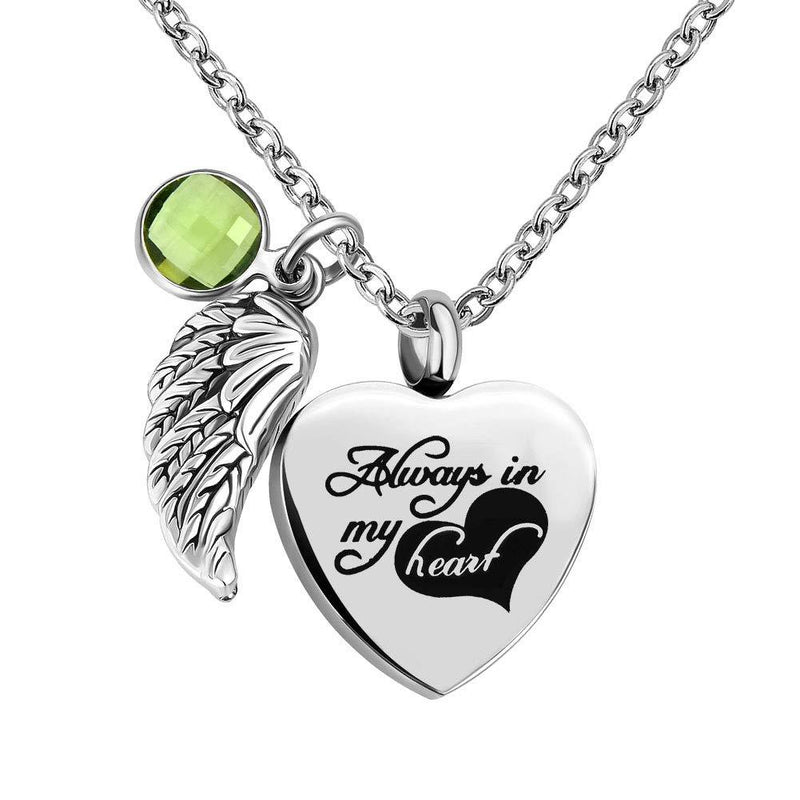 [Australia] - Infinite Memories - Always in My Heart - Angel Wing Love Heart Birthstones Crystal Urn Necklace for Ashes Keepsake Pendant August 