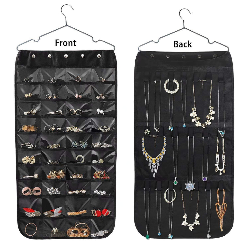 [Australia] - Hanging Jewelry Organizer, Double Sided 40 Pockets and 20 Magic Tape Hook Jewelry Organizer, Necklace Holder Jewelry Chain Organizer for Earrings Necklace Bracelet Ring with Hanger, Black 