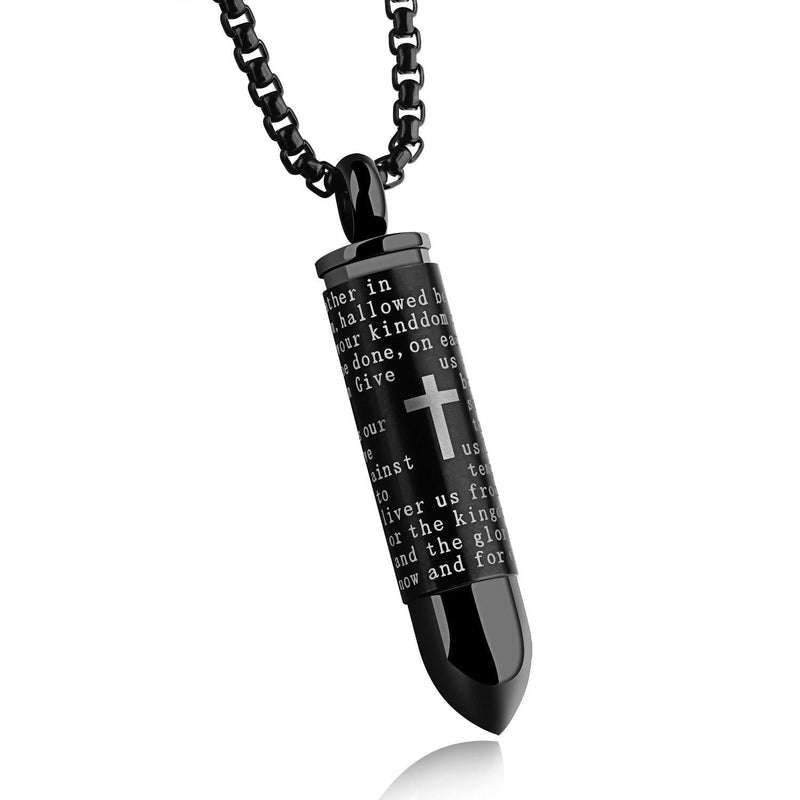 [Australia] - Stainless Steel Bullet Pendant Necklace Cross Lords Prayer in English Urn Ashes Cremation Ashes Urn Necklace Religious Christian Jewelry 21.6" Chain Black 