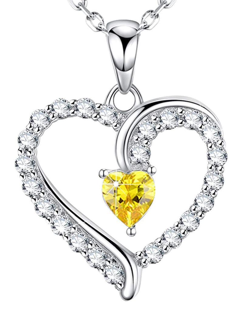 [Australia] - Birthday Gifts Love Heart Yellow Citrine Necklace for Women Mom I Love You Jewelry for Wife Anniversary Sterling Silver 20" Chain 