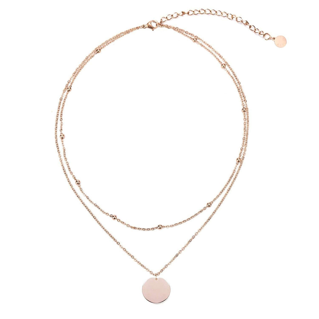 [Australia] - LEGITTA Disc Pendant Necklace Layered Titanium Steel Chain Choker in Rose Gold for Women Girls 