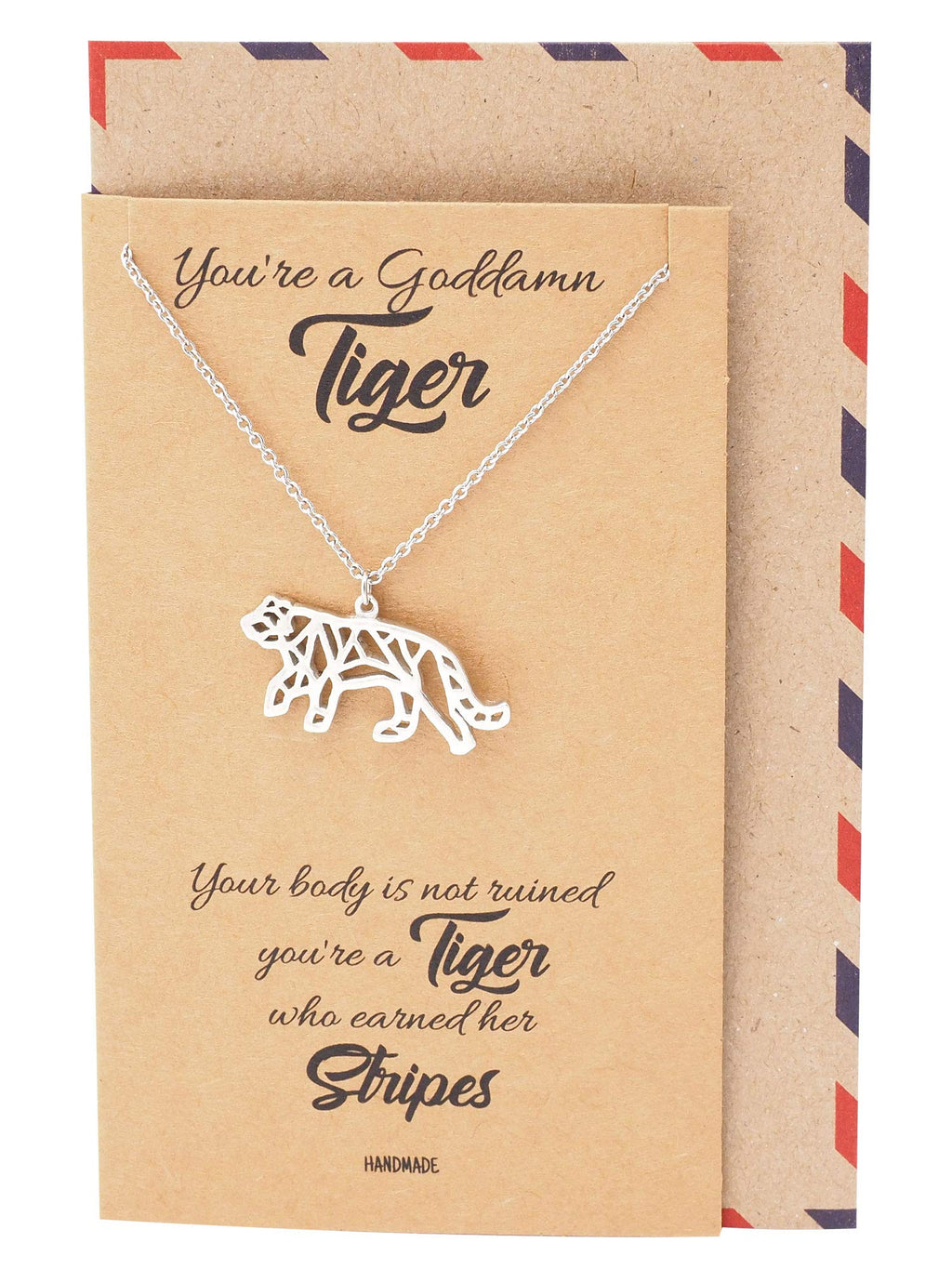 [Australia] - Quan Jewelry Geometric Origami Tiger Necklace, Nature Animal Tiger Stripes Pendant Charm, New Moms New Dads Everyday Necklace Gift, Silver Tone with Motivation Card - 100% Handmade & Unique 