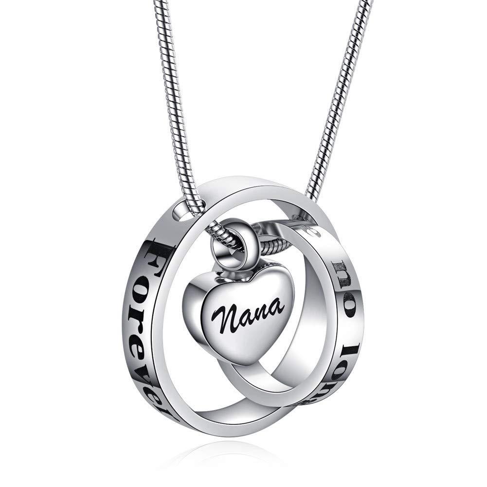 [Australia] - Murinsart Forever In My Heart Stainless Steel Heart Cremation Urns Necklace Pendant Locket for Human Dog Cat Pet Ashes Memorial Funeral Keepsake Ash Holder Circle Rings Charm Decor Jewelry,Silver Nana 