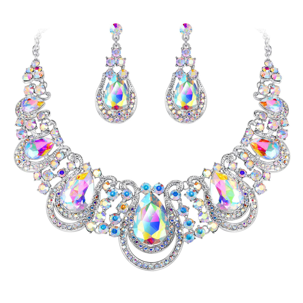 [Australia] - BriLove Women's Costume Fashion Crystal Teardrop Hollow Scroll Statement Necklace Dangle Earrings Set Iridescent AB Silver-Tone 