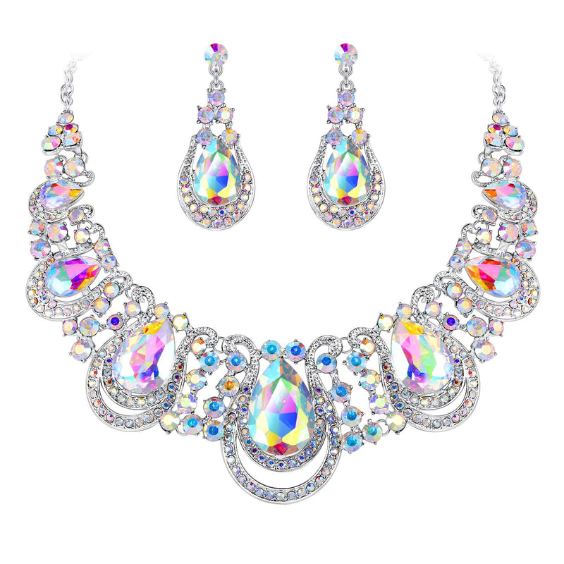 [Australia] - BriLove Women's Costume Fashion Crystal Teardrop Hollow Scroll Statement Necklace Dangle Earrings Set Iridescent AB Silver-Tone 