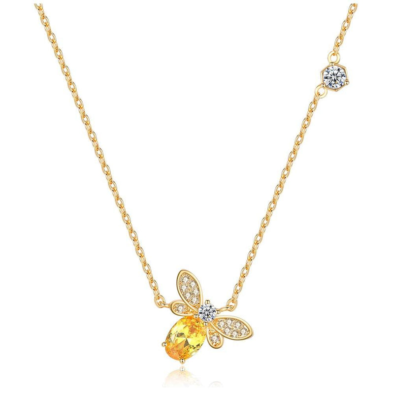 [Australia] - Hypoallergenic 14K Yellow Gold Dainty Cute Amber Lovely Tiny Honey Crystal Cubic Zirconia Bee Pendant Necklace for Women Teen Girls 