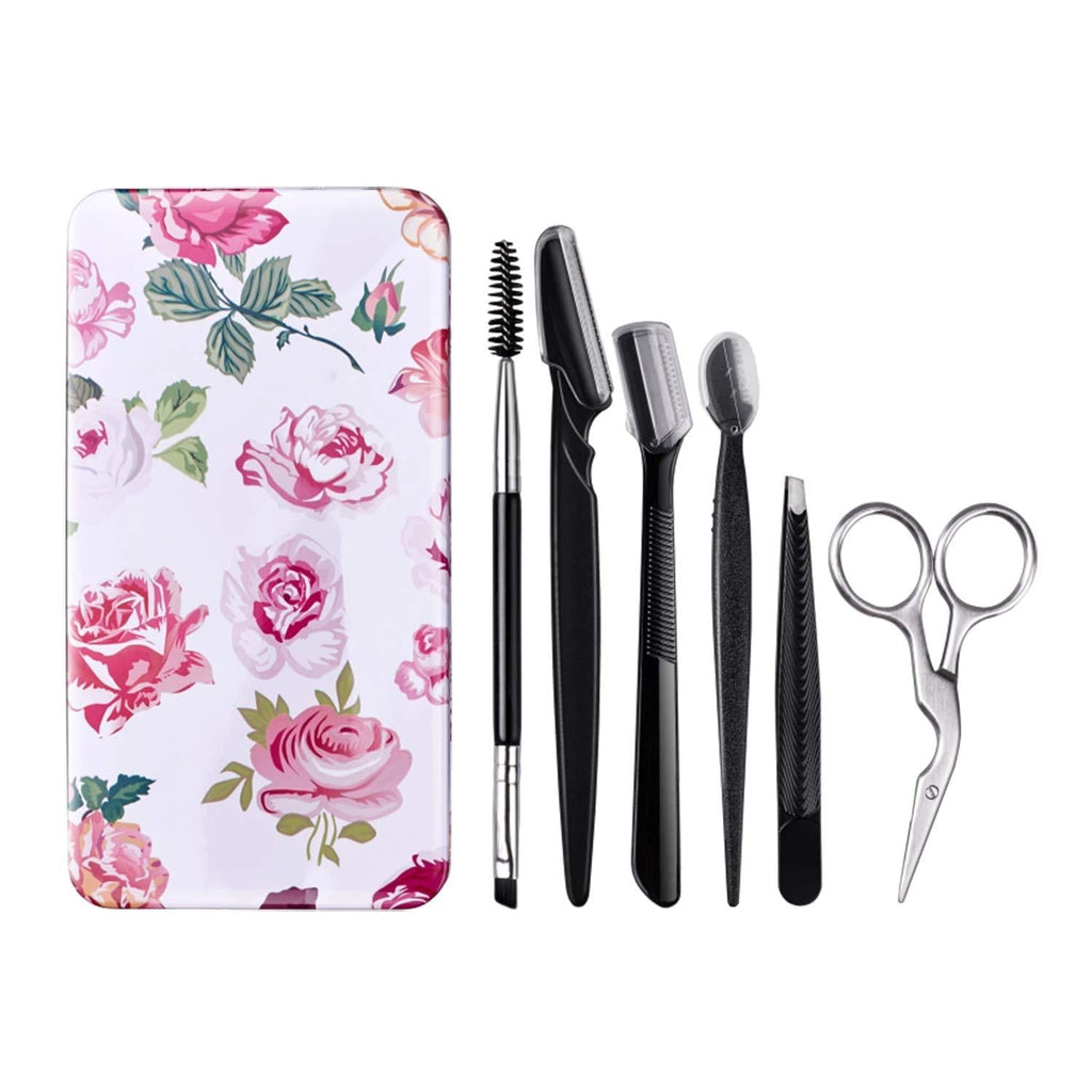 [Australia] - FITDON Eyebrow Grooming Set, Professional Slant Tip Tweezers & Curved Stainless Steel Scissors & 3PCS Brow Razors Trimmer & Duo Angled Eyebrow Brush with Spoolie 