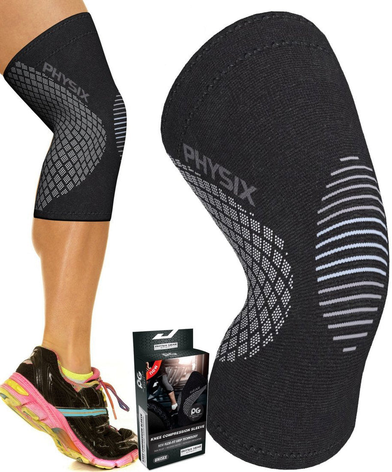 [Australia] - Physix Gear Sport Knee Support Brace - Best No-Slip Knee Braces for Knee Pain Women & Men, Compression Knee Sleeves for Running Workout Walking Hiking Sports Arthritis ACL Torn Meniscus XX-Large | 24.5"-27" Black/Grey (Single) 