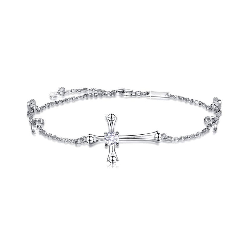 [Australia] - OneSight Cross Ankle Bracelet for Women, 925 Sterling Silver Charm Adjustable Foot Anklet, Large Cross Bracelet One Cubic Zirconia Cross 