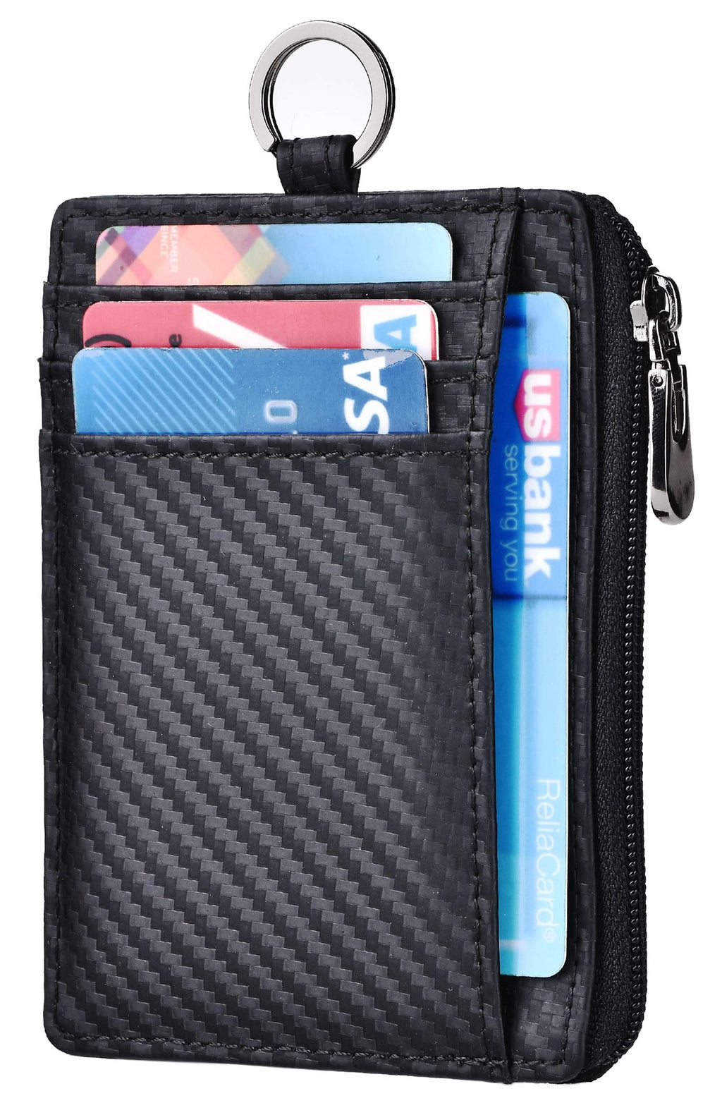 [Australia] - Kinzd Slim Minimalist Zipper Credit Card Holder Leather Front Pocket Wallet with Keychain Ring Lanyard Strap Carbon Fiber Leather Dark Black 
