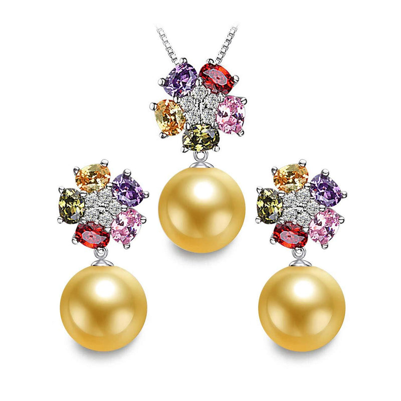 [Australia] - LSOOYH 18K Gold Plated Fashion Austrian Crystal Flower Necklace Earrings for Women Golden Pearl Jewelry Sets 