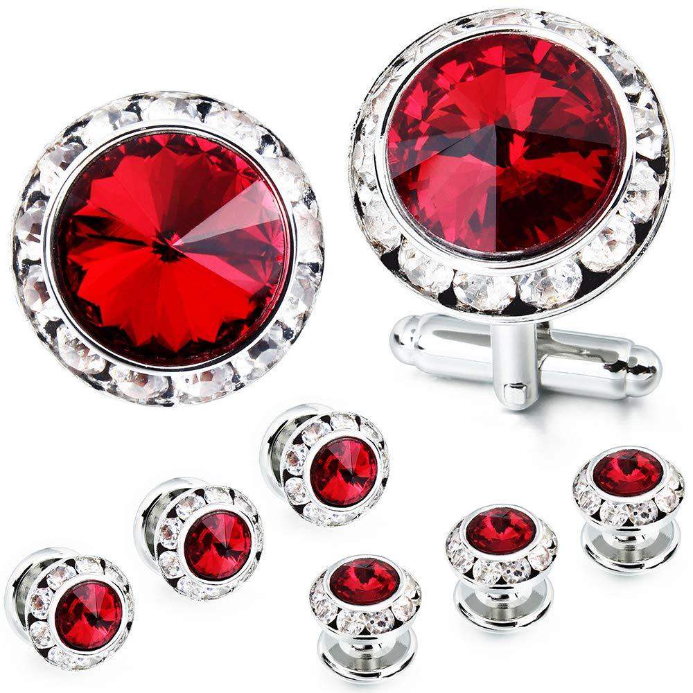 [Australia] - AMITER Mulit-Colors Crystal Cuff Links and Studs Set for Mens Tuxedo Shrit Wedding Accessories Red 