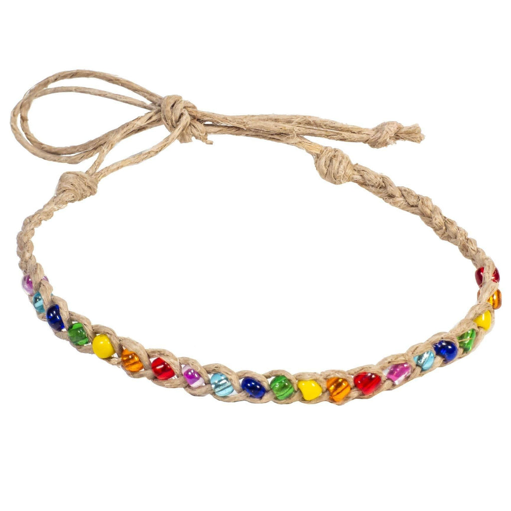 [Australia] - BlueRica Hemp Cord Anklet Bracelet with Rainbow Colored Beads 