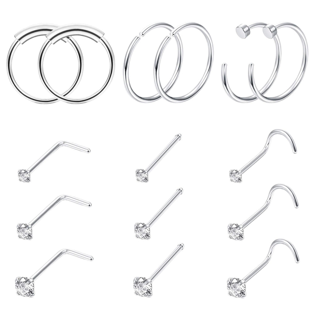 [Australia] - FINREZIO 15PCS 22G Surgical Steel Nose Rings Hoop Studs Cartilage Earrings Body Piercing Jewelry 1.5mm 2mm 2.5mm CZ A: Silver-Tone 