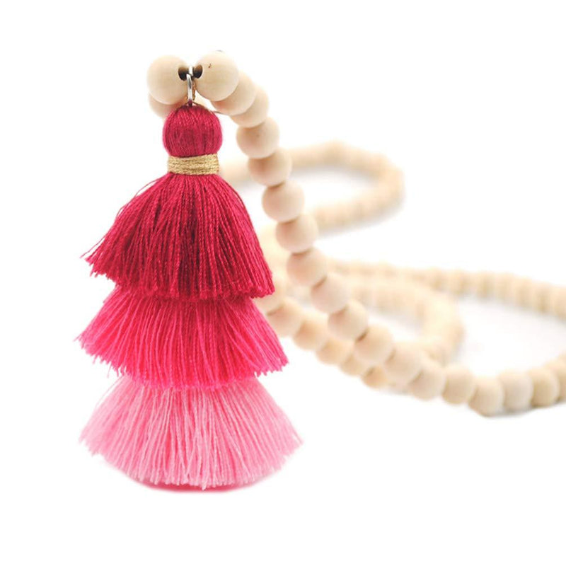 [Australia] - chaomingzhen Bohemian Long Necklace Pendant Tiered Layered Tassel Thread Fringe Beads Chain for Women Girls Red 
