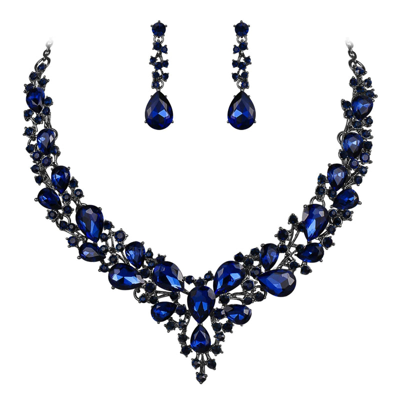 [Australia] - BriLove Women's Wedding Bridal Austrian Crystal Teardrop Cluster Statement Necklace Dangle Earrings Jewelry Set 07-Navy Blue Black-Tone 