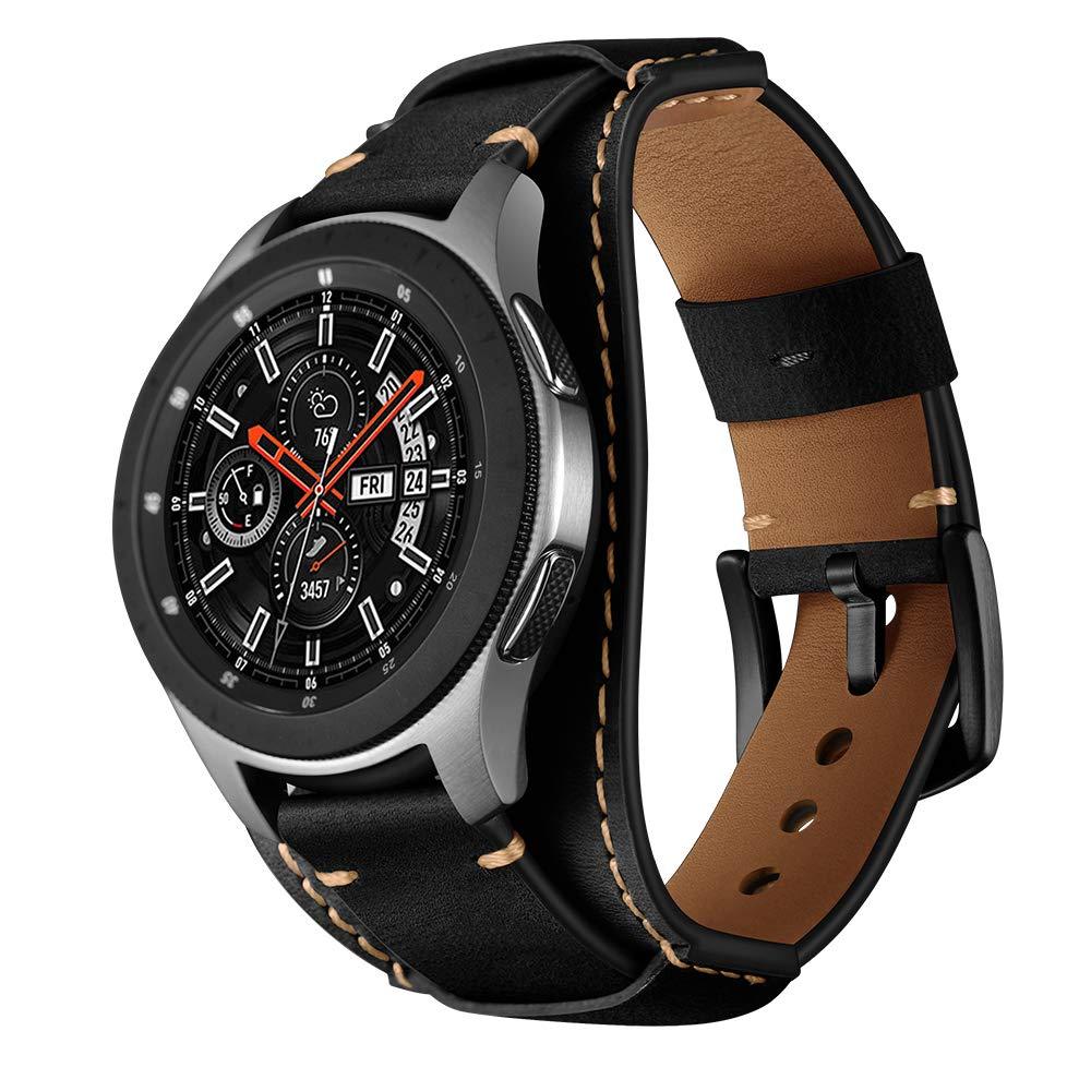 [Australia] - Balerion Cuff Genuine Leather Watch band,Compatible with Samsung Galaxy Watch 3 45mm, Galaxy Watch 46mm,Gear S3 ,Fossil Q Explorist,other Standard 22mm Lug Width Watch Black 