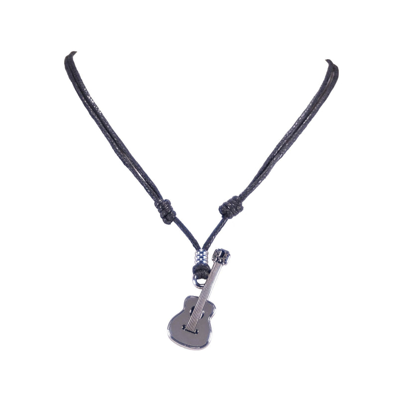 [Australia] - BlueRica Guitar Pendant on Adjustable Black Rope Cord Necklace (Chrome Finish) 