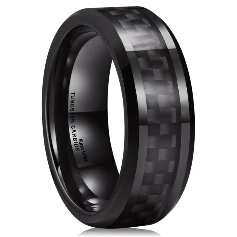 [Australia] - King Will GENTLEMAN 8mm Black Tungsten Carbide Ring Black/Red/Green/Blue Carbon Fiber Inlay Polished Finish Edges Comfort Fit 6 