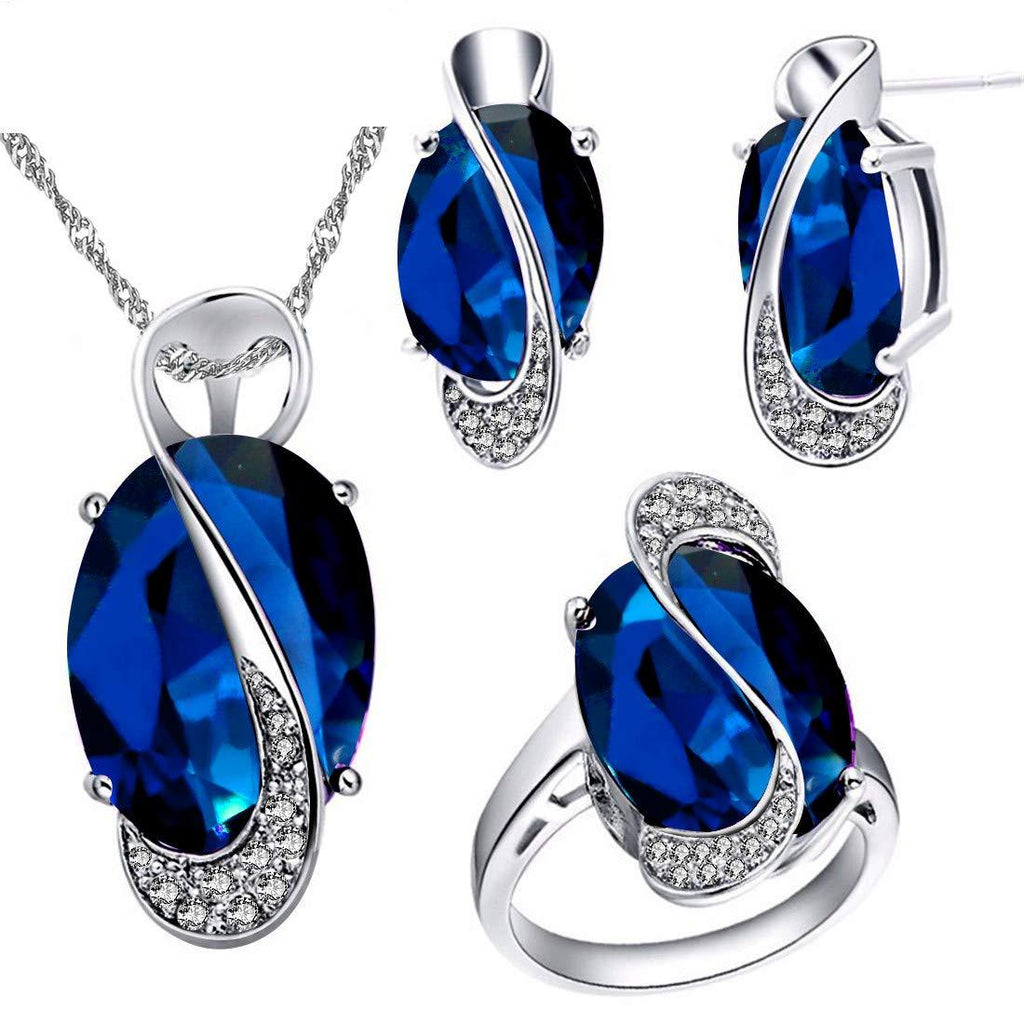 [Australia] - Uloveido White Gold Plated Jewelry Set Rainbow Mystic Topaz Ring Earrings Pendant Necklace T472 Blue 6 