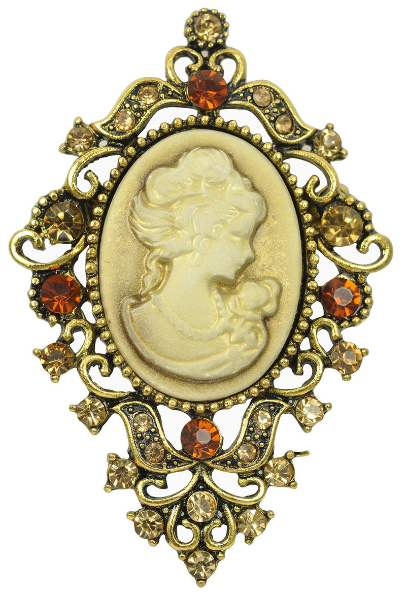 [Australia] - Gyn&Joy Vintage Inspired Victorian Cameo Lady Maiden Crystal Rhinestone Pin Brooch Antique Gold 