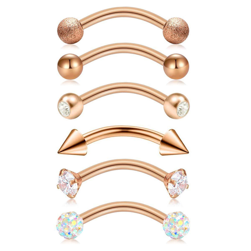[Australia] - Briana Williams 6pcs Stainless Steel Rook Daith Earrings Belly Lip Ring Eyebrow Studs Cartilage Tragus Cubic Zirconia Barbell Body Piercing 8mm (5/16") 1 -Rose Gold 