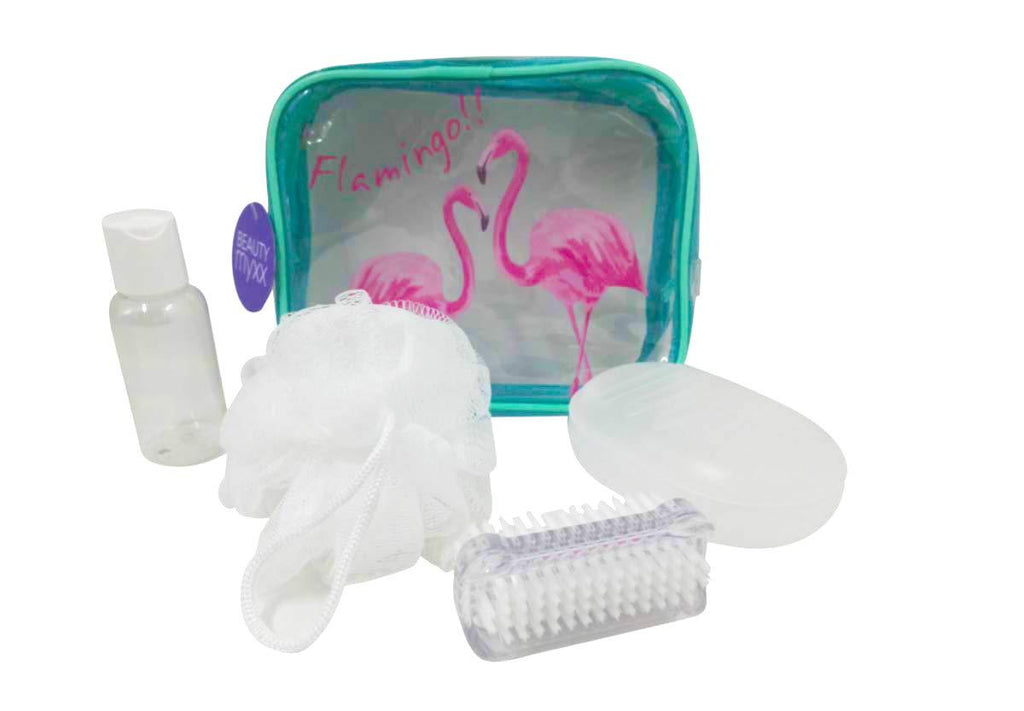 [Australia] - Myxx Teal and Pink Flamingo 4 Piece Travel Shower Kit 