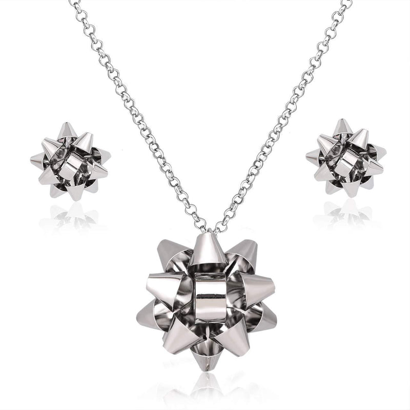 [Australia] - MOLOCH Christmas Necklace Earring Set Statement Gift Bow Pendant Necklace Post Stud Earring Set Christmas Jewelry Gifts for Women Girls Silver 