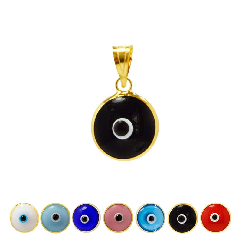 [Australia] - MIZZE Made for Luck Gold Plated 925 Sterling Silver 10 MM Round Glass Evil Eye Charm Pendant - 7 Colors to Choose from Black 