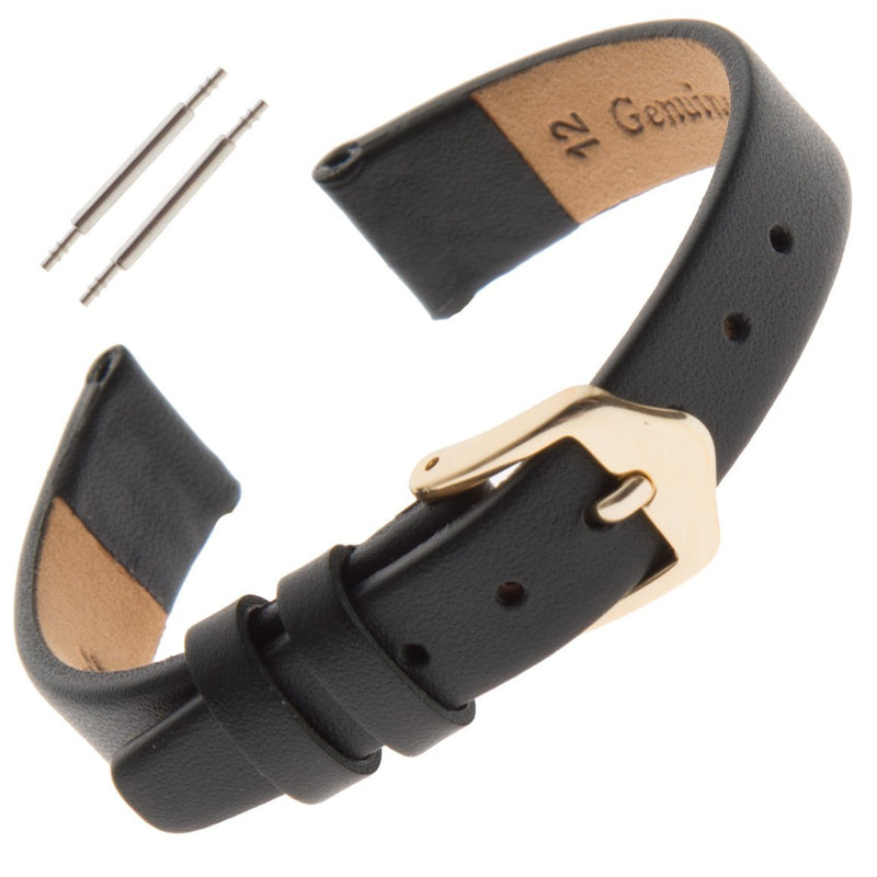 [Australia] - Gilden Ladies 6-14mm Classic Calfskin Flat Black Leather Watch Band F60 6 millimeter Width, Regular Length Black, Gold-Tone Buckle 